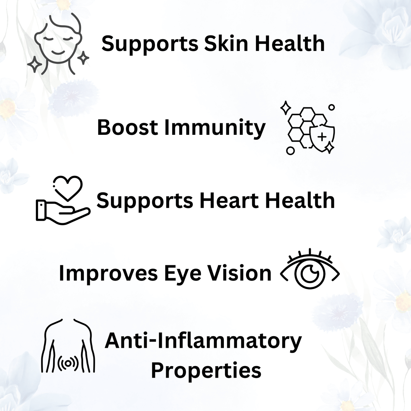 List of health benefits with corresponding icons on a light background