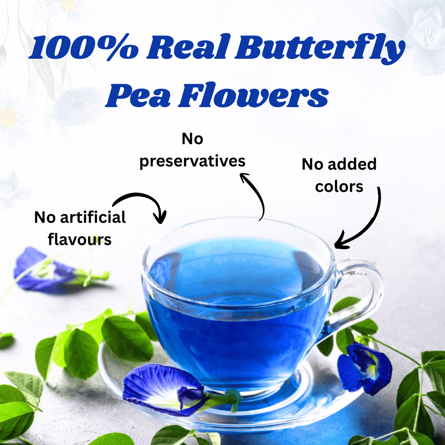Blue butterfly pea flower tea in a glass cup with text highlighting natural ingredients on a light background.