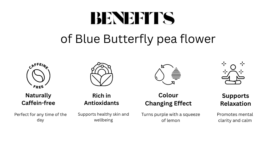 List of benefits of Blue Butterfly pea flower on a white background
