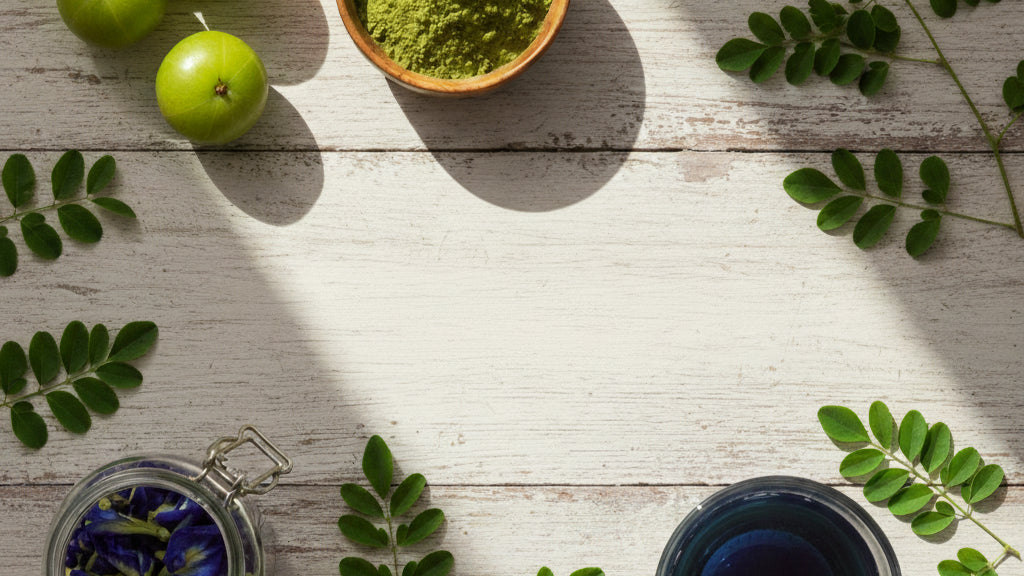 Green apples and leaves on a wooden surface with a bowl of green powder.