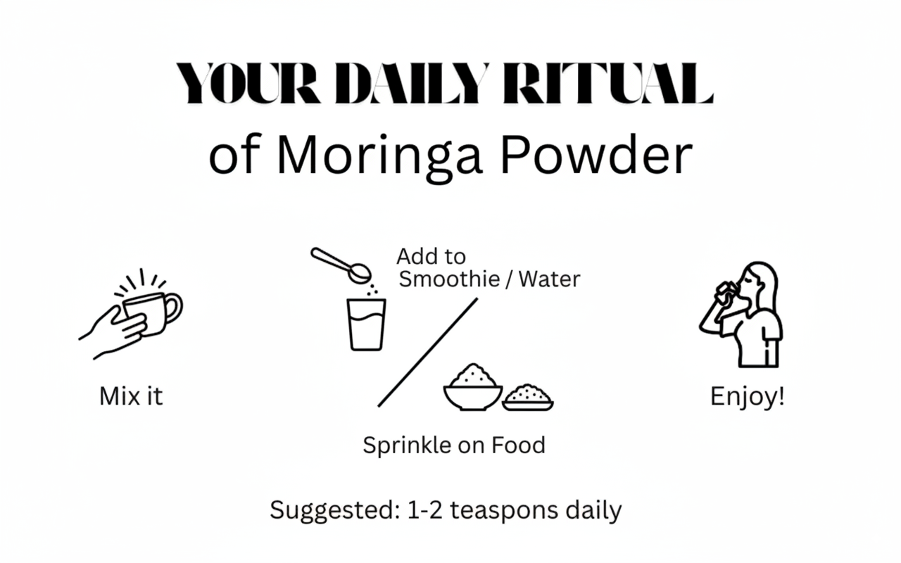 Instructions for using moringa powder with icons and text on a white background