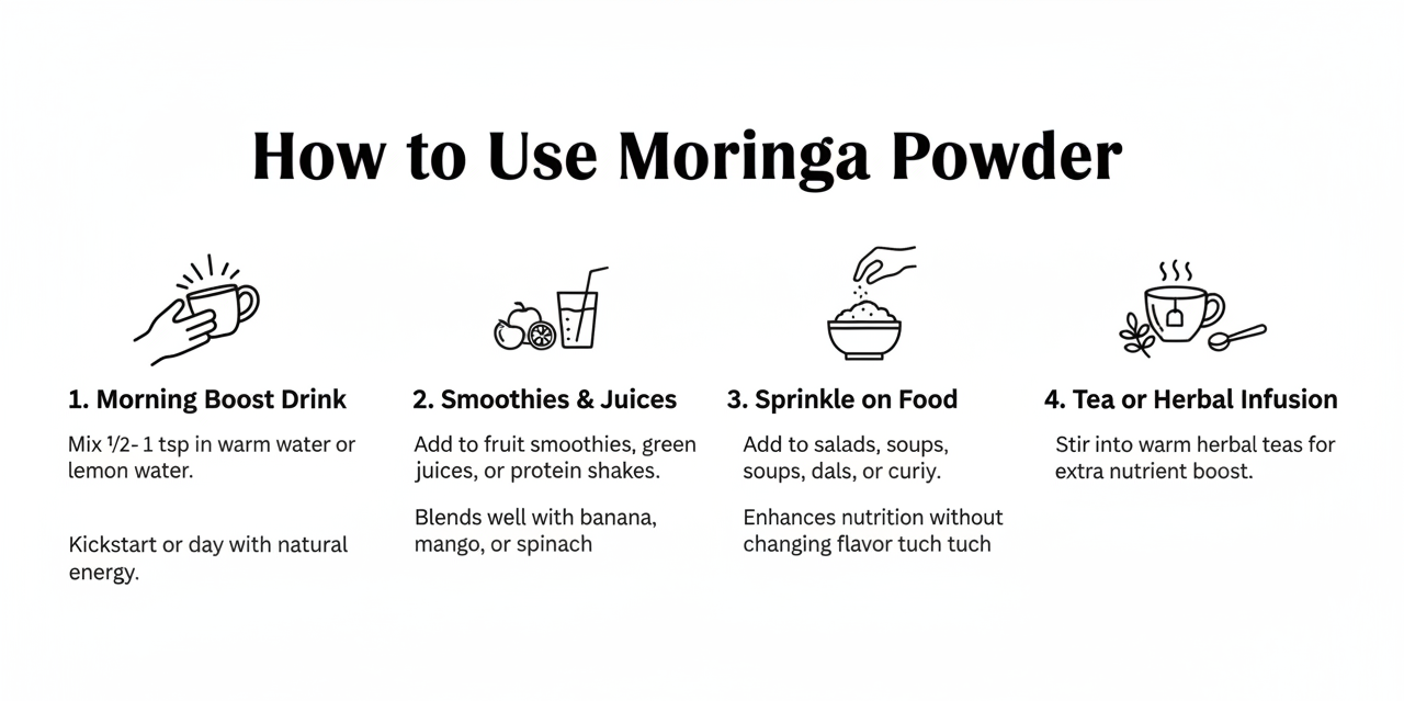 Instructions on how to use moringa powder with icons and text.