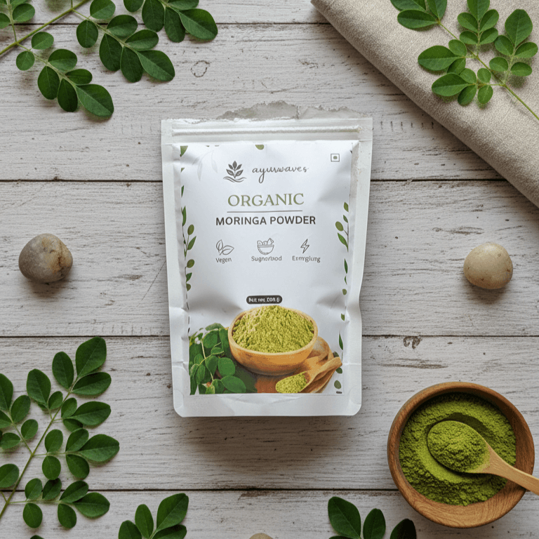 Package of Organic Moringa Powder with Moringa leaves and powder on a wooden surface