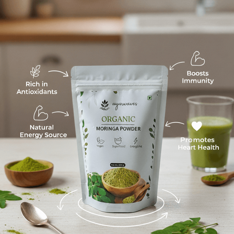 Package of organic moringa powder with health benefits text on a kitchen counter.