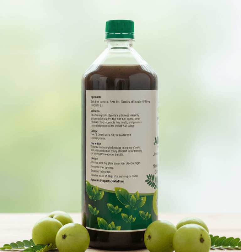 Cold Pressed Amla Juice bottle featuring natural ingredients and health benefits on label.