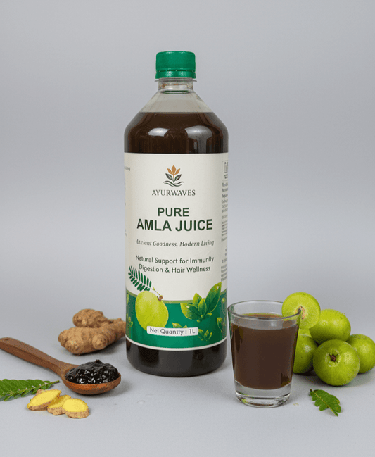 Cold Pressed Amla Juice bottle with a glass, showcasing immunity and digestion support, AYURWAVES 1 Litre.